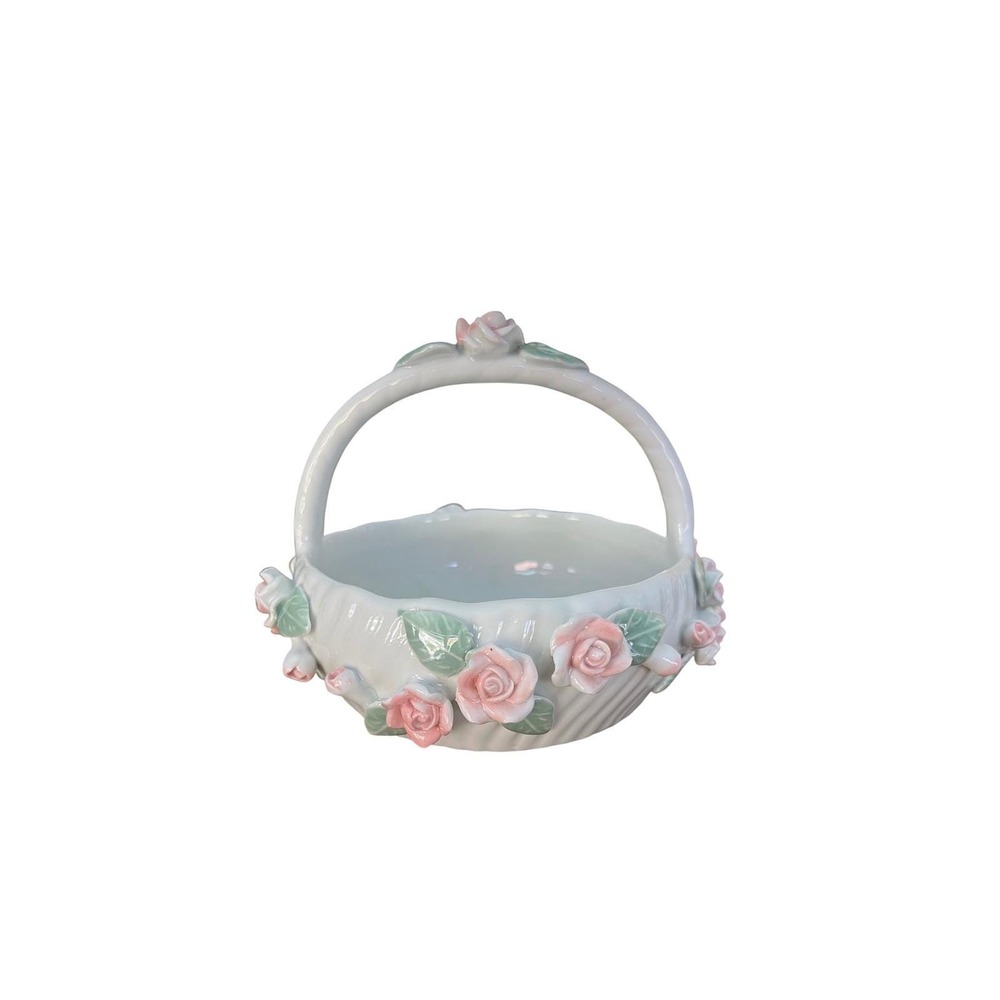 Vintage Porcelain Basket Pink Applied Roses Trinket Dish Candy Bowl